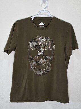 Heads or Tails Olive Camo Rhinestone Skull Graphic Tee Shirt 2XL